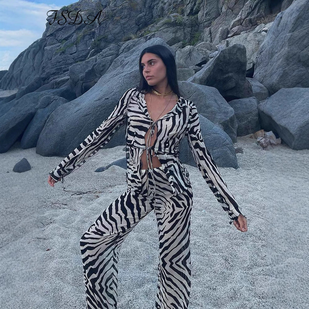 Belted Mesh Stripe Print Long Sleeve Two-Piece Set