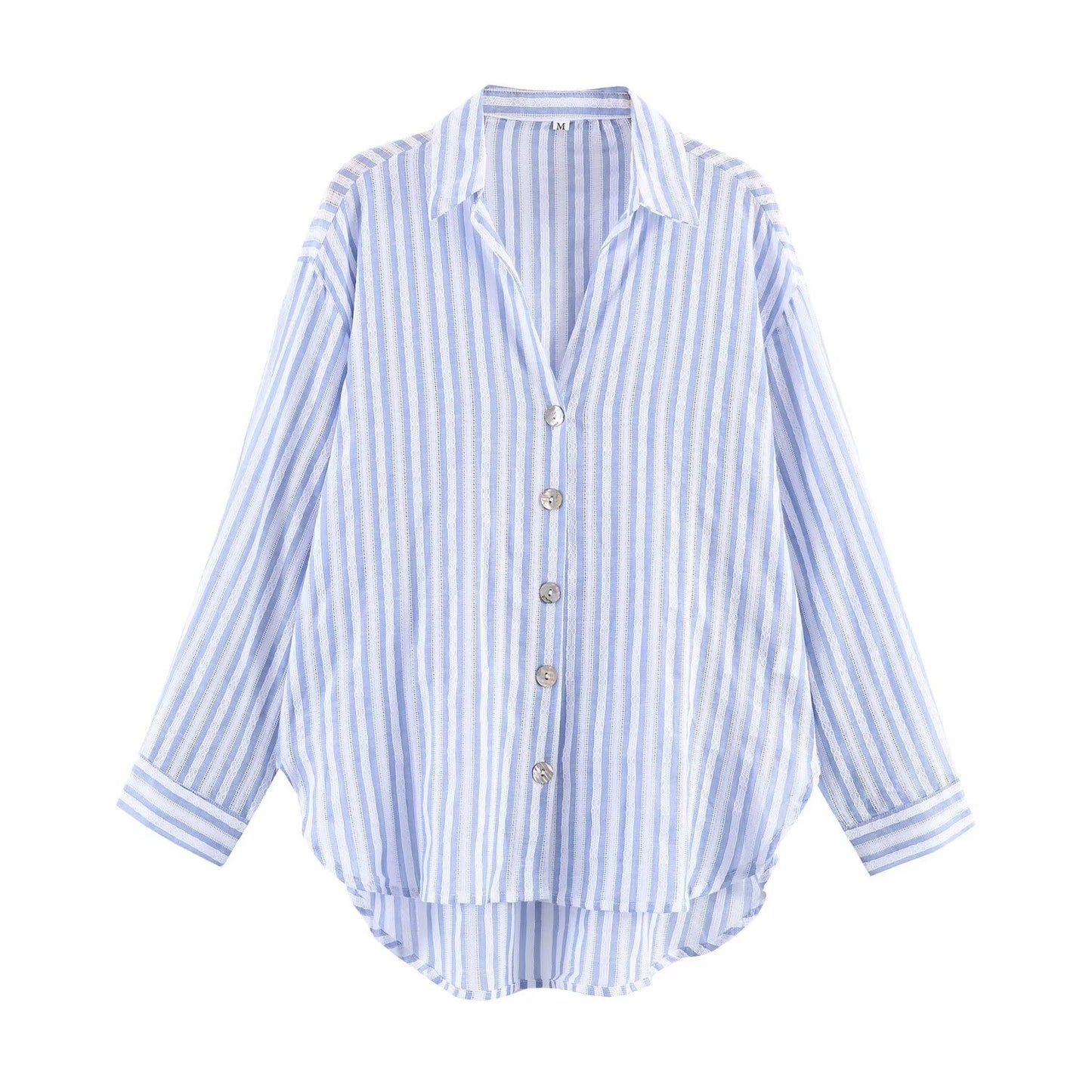 Women's Stripe Single-Button Flip Collar Long Sleeve Loose Shirt