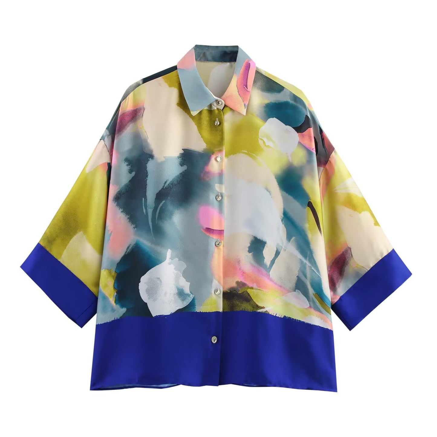 Flip collar short sleeved printed silk textured shirt