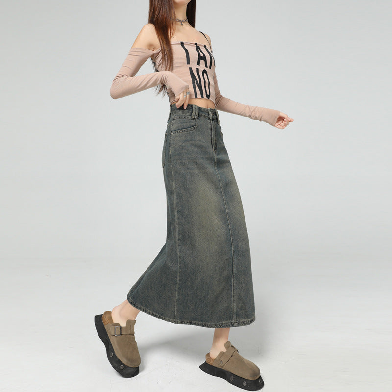 Women's Vintage Blue Slimming Denim Skirt with Slit Design Straight Skirt