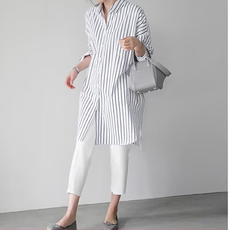 Women's New Long-sleeved White Shirt Medium and Long Length Fashionable Lazy and Loose Design with Pockets