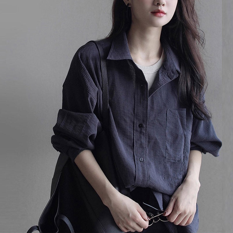 Elegant Black Striped Shirt for Women, Autumn New Arrival, High-End Design, Loose Layering Long Sleeve Blouse