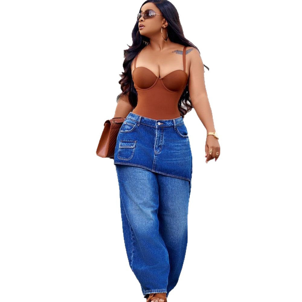 Straight Leg Denim Pants for Women Washed Elastic Waist, Streetwear Denim Skirt Pants