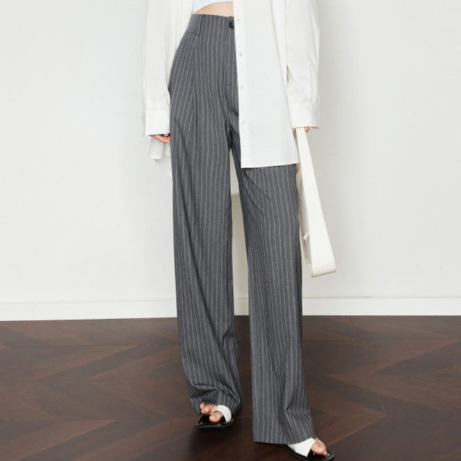 Wide-leg pants women suit pants striped gray drape vintage casual pants