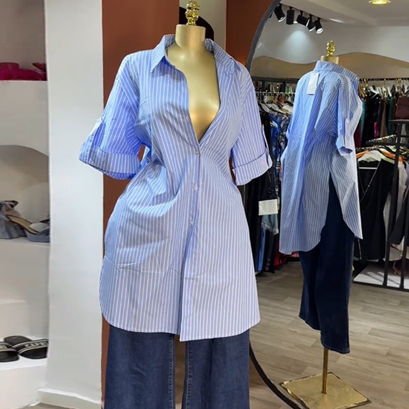 Collar single breasted striped short sleeved mid length shirt top