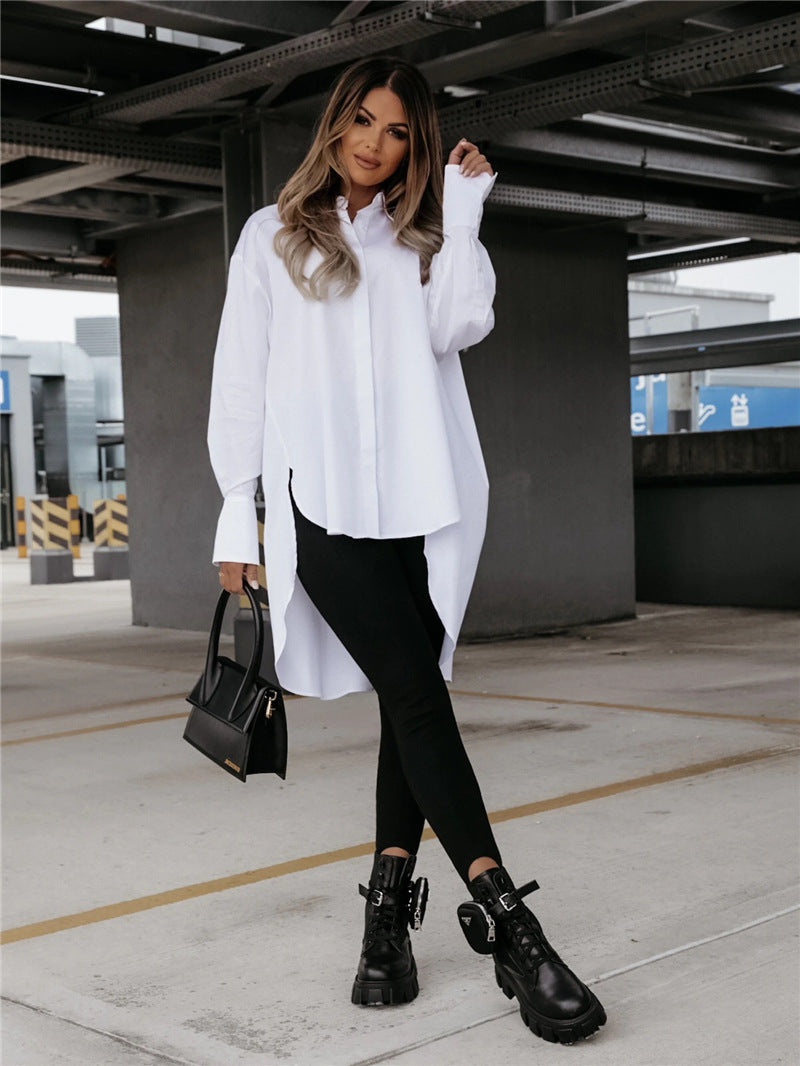 Long sleeved shirt casual solid color loose collar irregular shirt for women