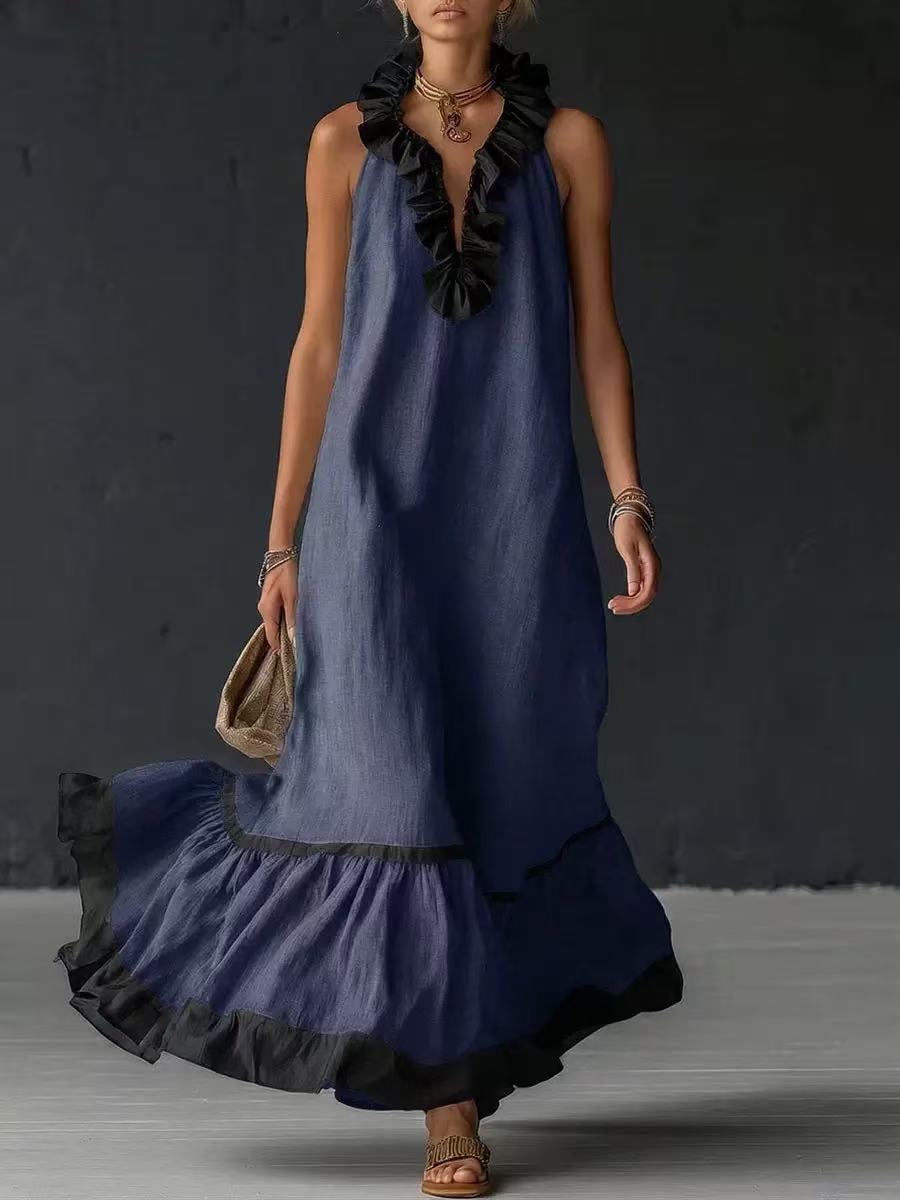 Sleeveless V-neck loose ruffle side length vest dress