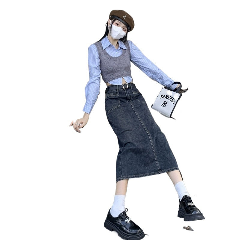 Vintage High-Waist Denim Midi Skirt for Women Split Design Slim Fit A-Line Skirt
