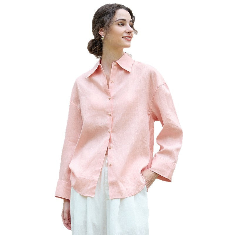 Vintage Style Pink Linen Shirt Loose Summer Relaxed Simple Commuting Cool Sunscreen Long Sleeve Blouse