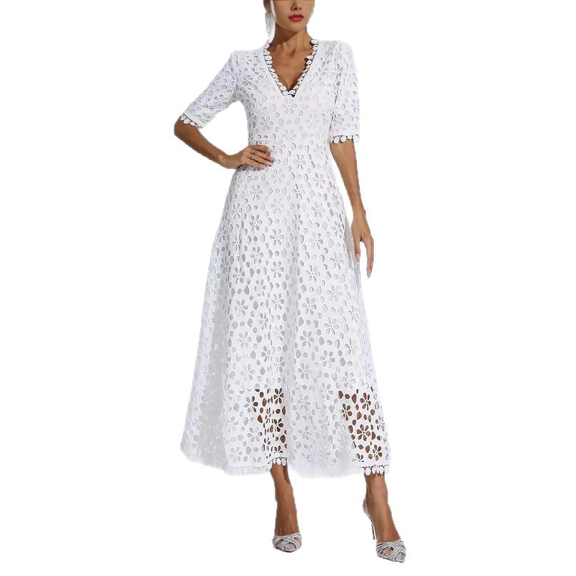 Elegant Deep V-Neck Mid-Sleeve Medium-Length Lace Evening Dress for Women ndash