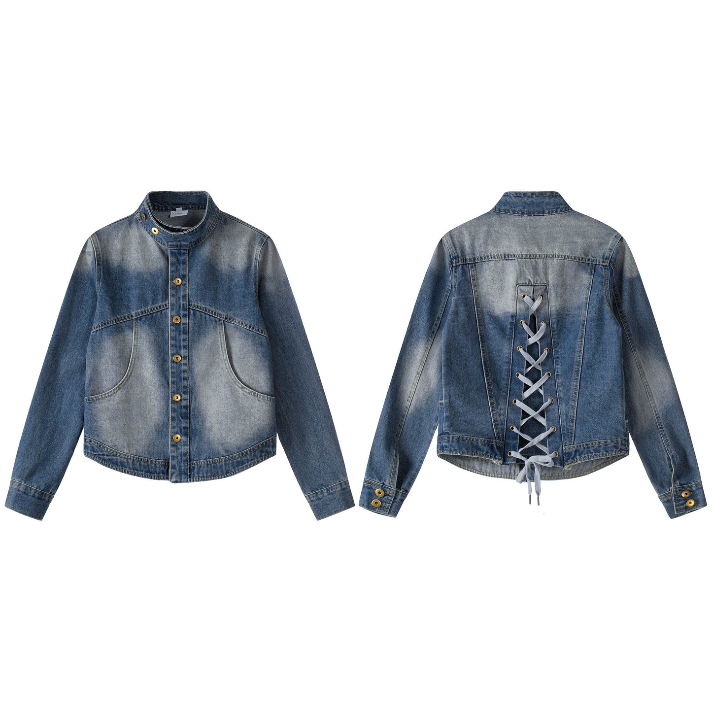 Vintage distressed washed stand up collar slim fit denim jacket