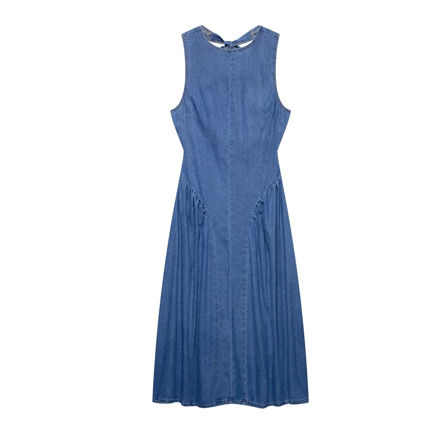 Backless hanging neck tied denim dress