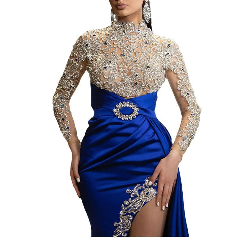 Elegant Blue Gold-Sprinkled Round Neck Long Dress for Formal Evening Gown