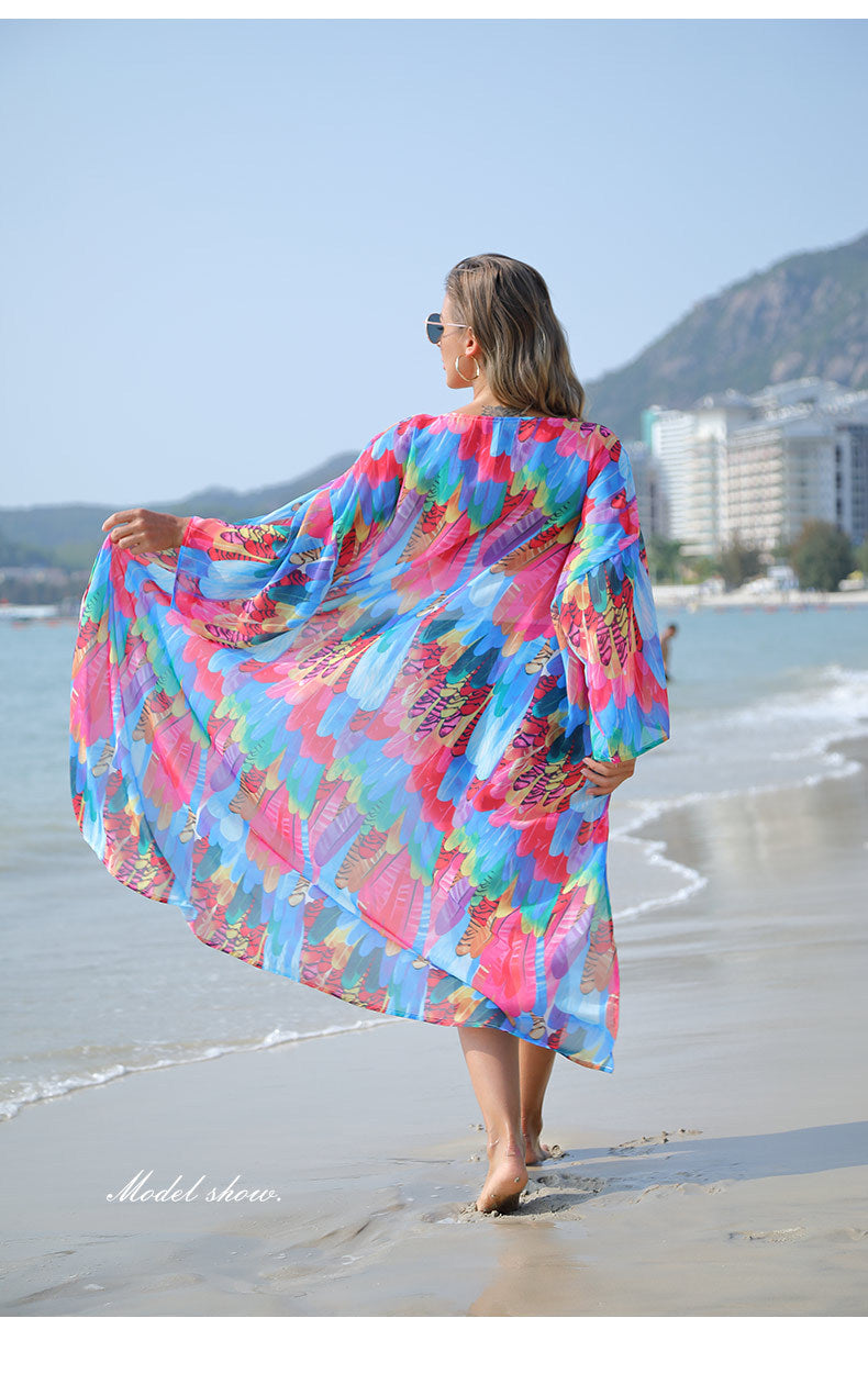 Chiffon Colorful Feather Print Beach Sun Shirt Sexy Cardigan Loose Bikini Blouse