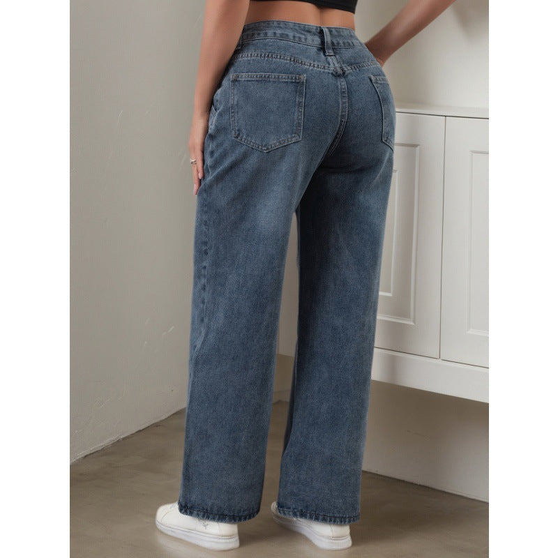 Women's denim pants, American trend, dark blue, non elastic, casual, versatile, slimming straight leg pants