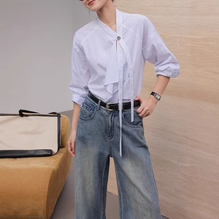 Long Sleeve Ribbon Blouse Women Unique Stylish Top