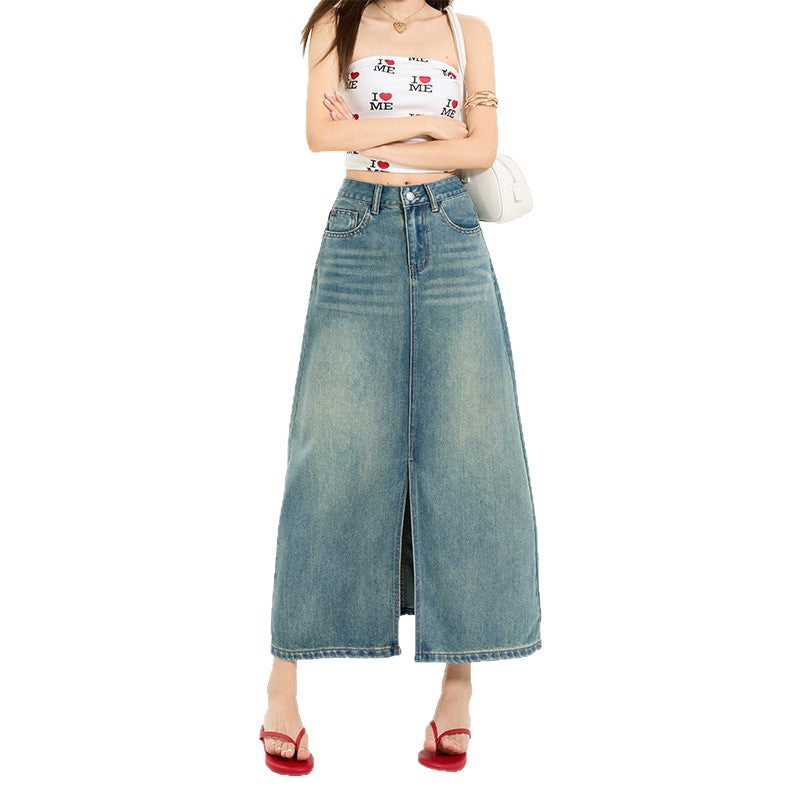 High Waist Slit Denim Skirt Women's Mid-Length Vintage A-Line Fitted Skirt