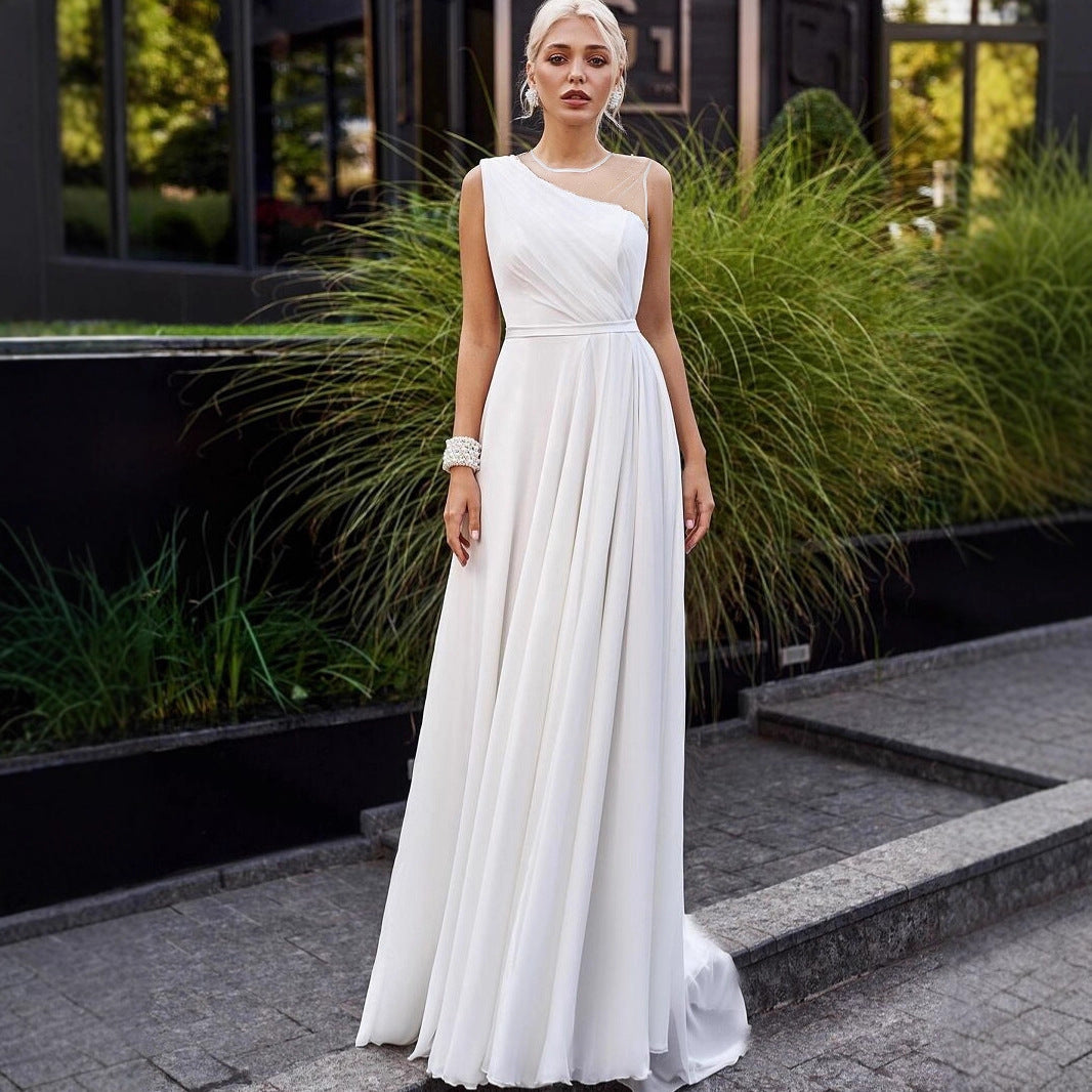 Tailed Wedding Dress White Double Shoulder Round Neck French Chiffon Bridal Short Train Evening Gown