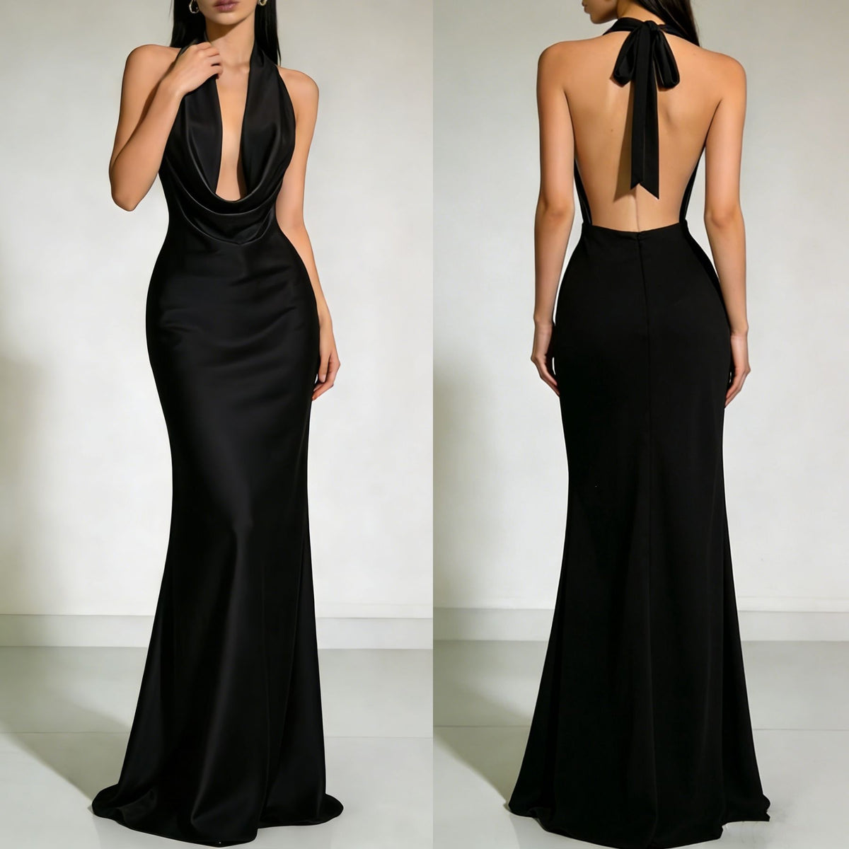 Solid color Strapless Backless Satin Evening dress Long dress