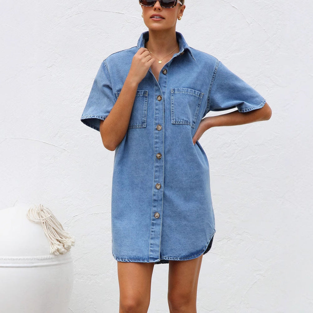 Denim Short Sleeve Open Front Shirt Dress for Women with Turn-Down Collar and Loose Fit