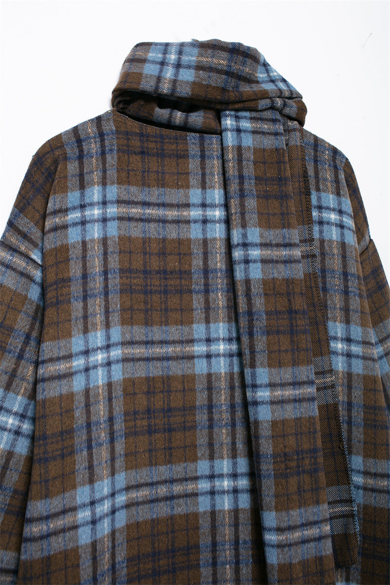 European and American style women's fashion temperament scarf collar long sleeved woolen plaid coat long coat