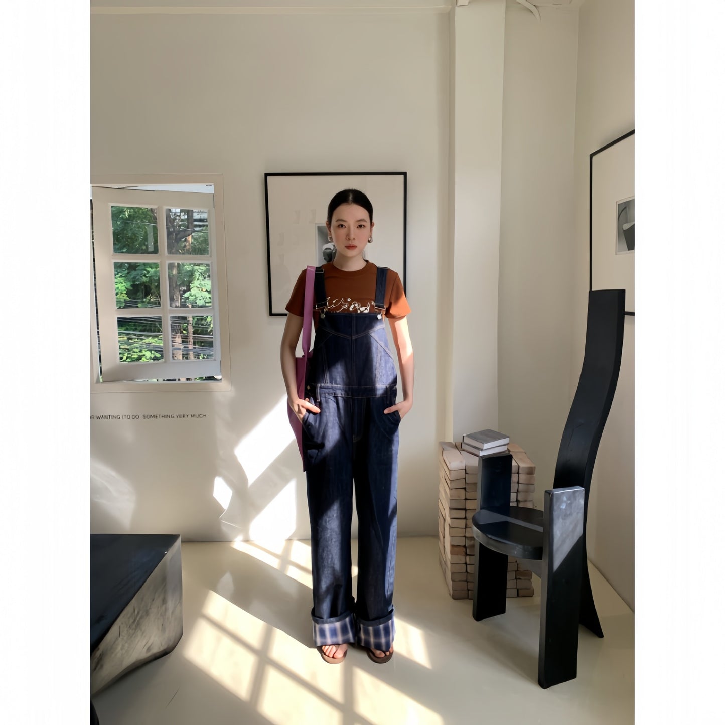 Shoulder wide leg straight leg denim overalls
