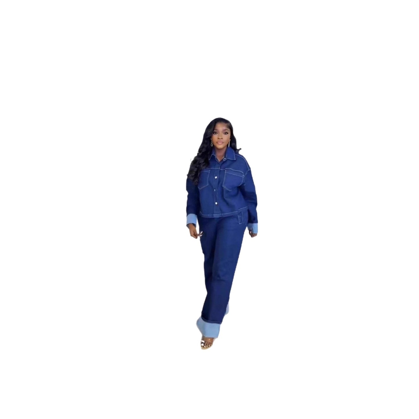 Vintage Button-Down Long Sleeve Workwear Denim Pants for Women