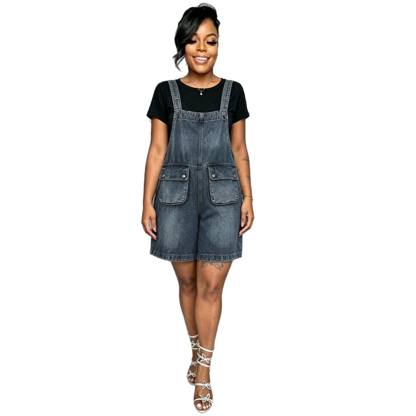 Casual Double Pocket Loose Washed Denim Overalls Shorts