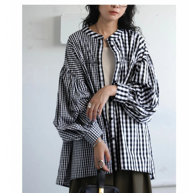 New long sleeved temperament checkered patchwork women's shirt loose irregular women's top