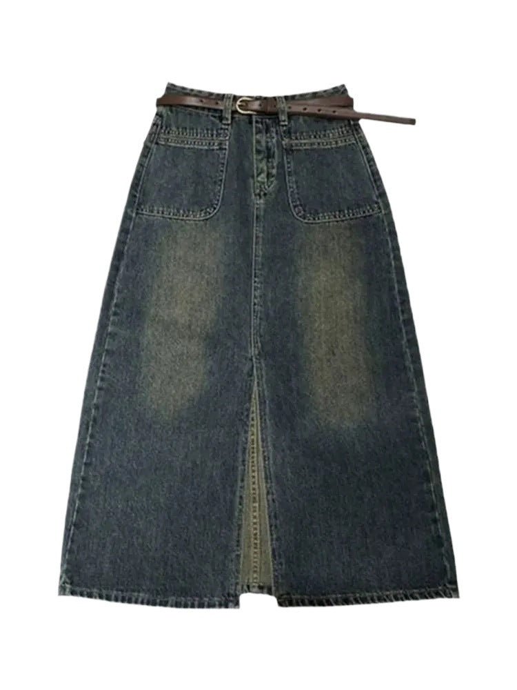 Cement Gray High-Waisted Mid-Length A-Line Denim Skirt with Slit Design for Women, Casual and Versatile Step Skirt