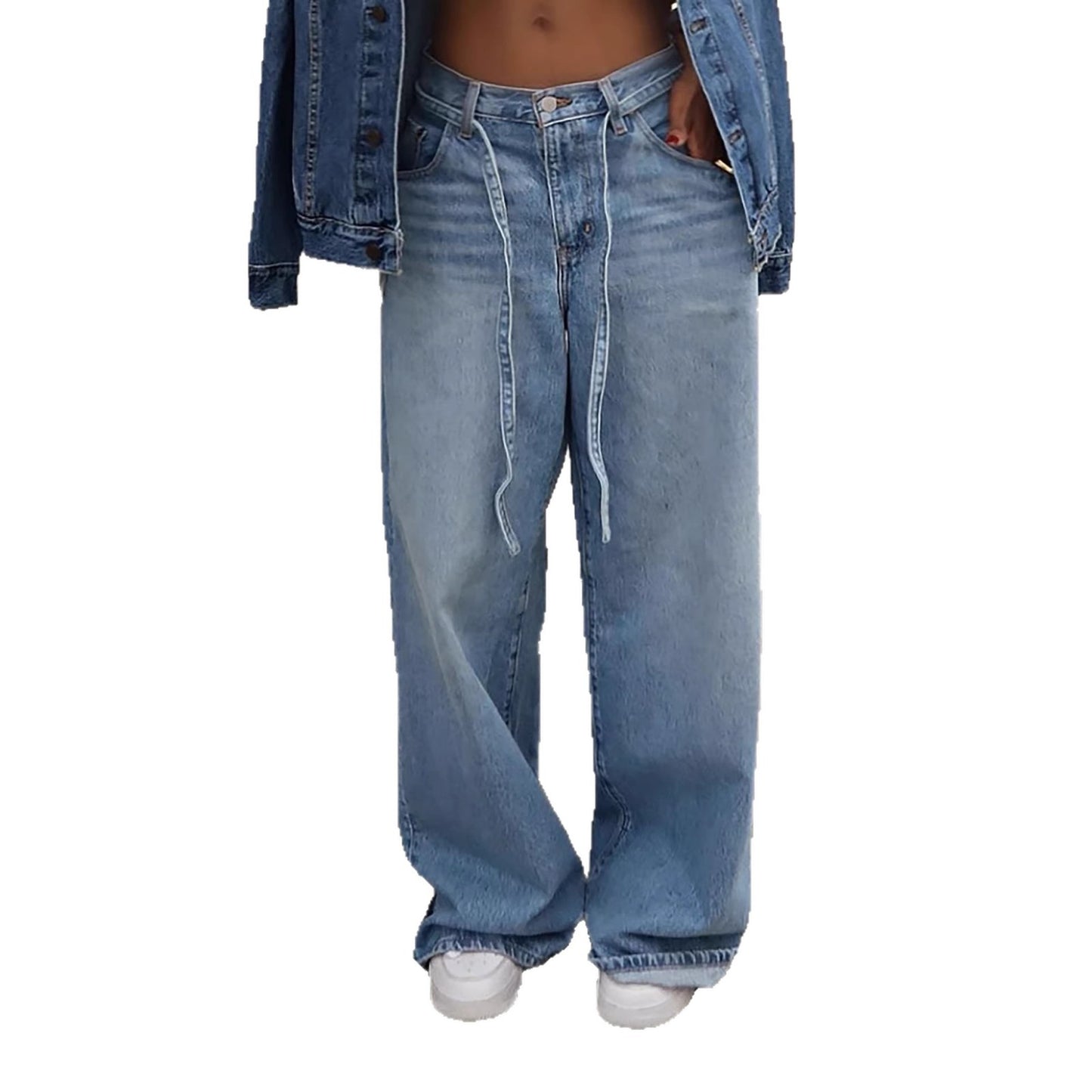 Casual Tied High-Waisted Straight-Leg Washed Denim Pants
