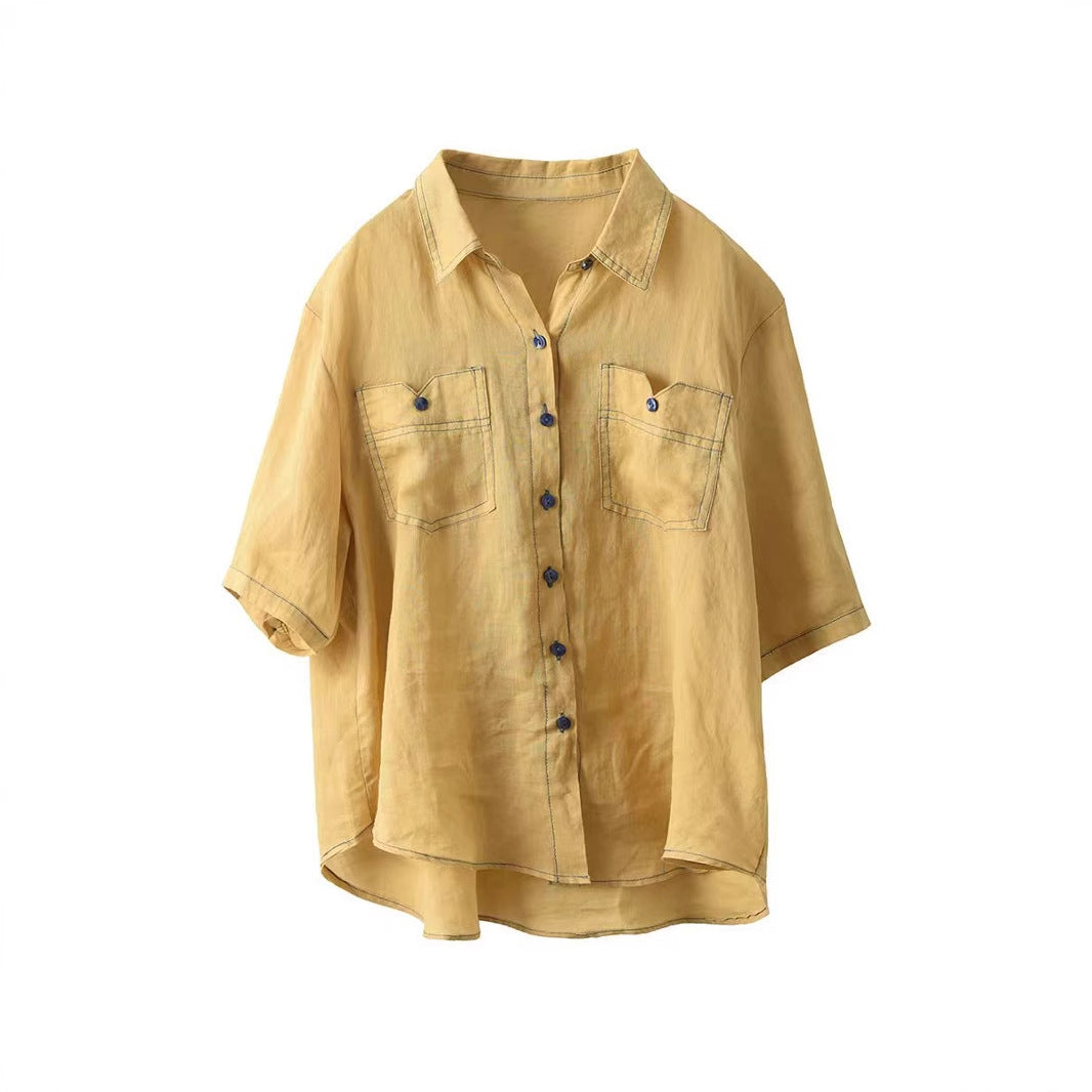 Buttoned Linen Shirt Women's Elegant Turn-Down Collar Short Sleeve Blouse Thin Top