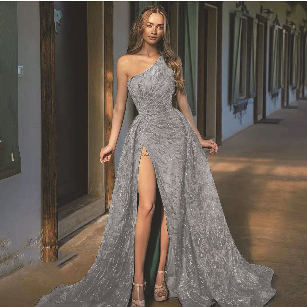 Chic Asymmetric Shoulder Slit Long Dress for Women with Sequins and Strap Detailing, Evening Gown, Formal Wear