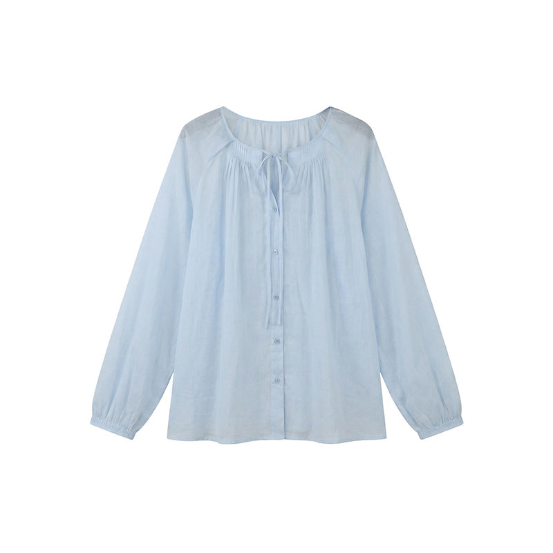 Linen-Cotton Collar Pleated Tie-Neck Blouse Elegant Women's Top