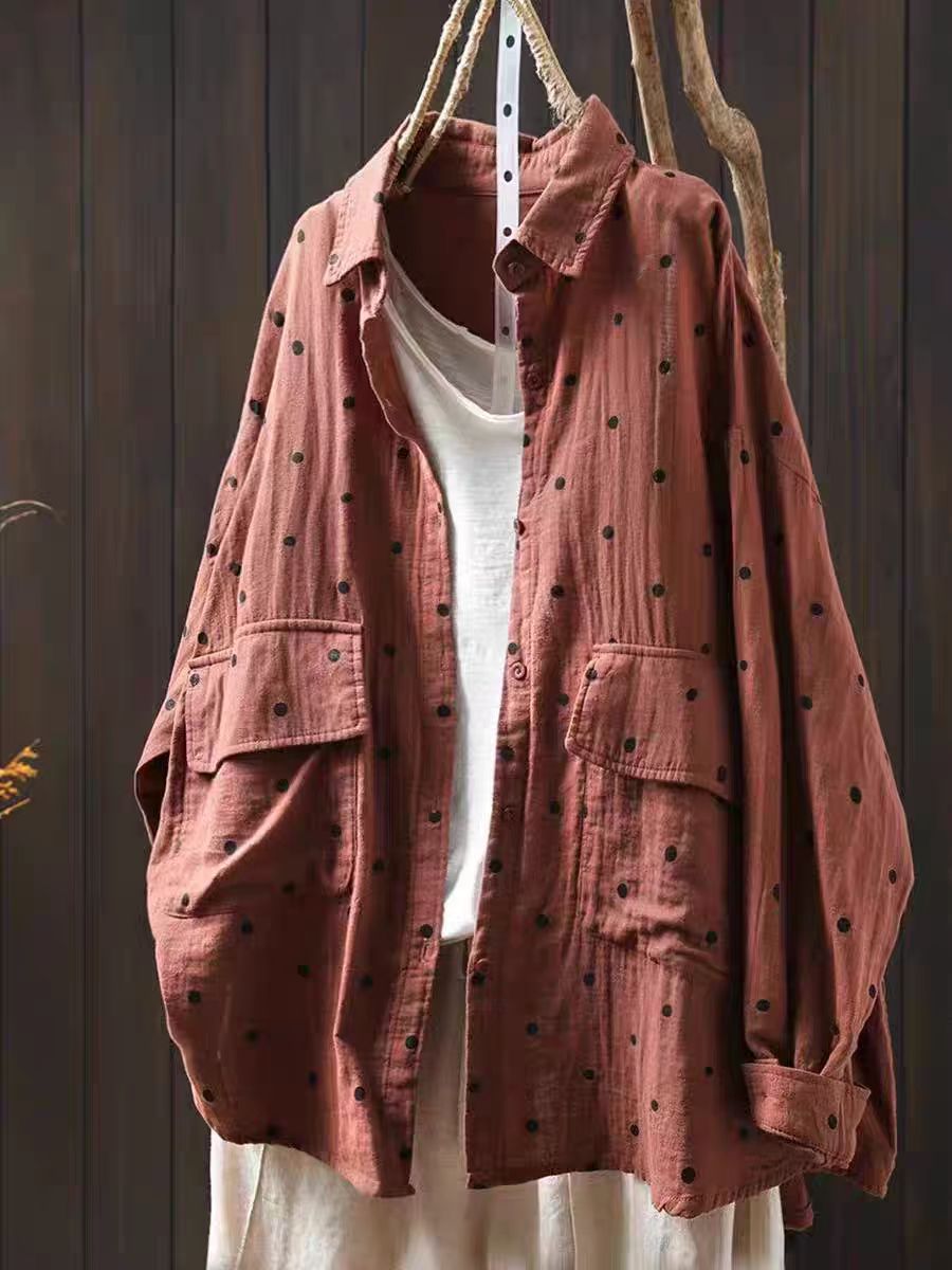 Loose Collar Cotton Shirt Women's Literary Slimming Long Sleeve Jacket Printed Outerwear