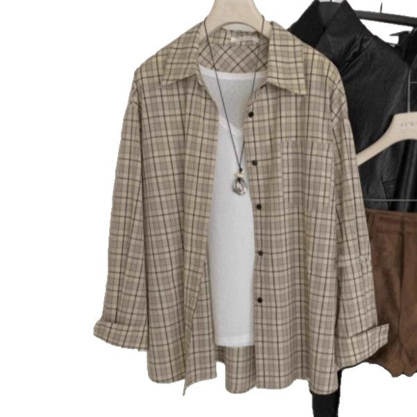 Checkered Shirt Women Style Lazy Long Sleeve Polo Collar Blouse Unique Versatile Loose Open Front Top
