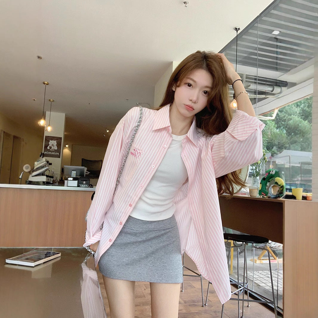Embroidered Stripe Shirt Jacket Women's Thin Casual Blouse Loose Mid-Length Sunscreen Cardigan Versatile Top