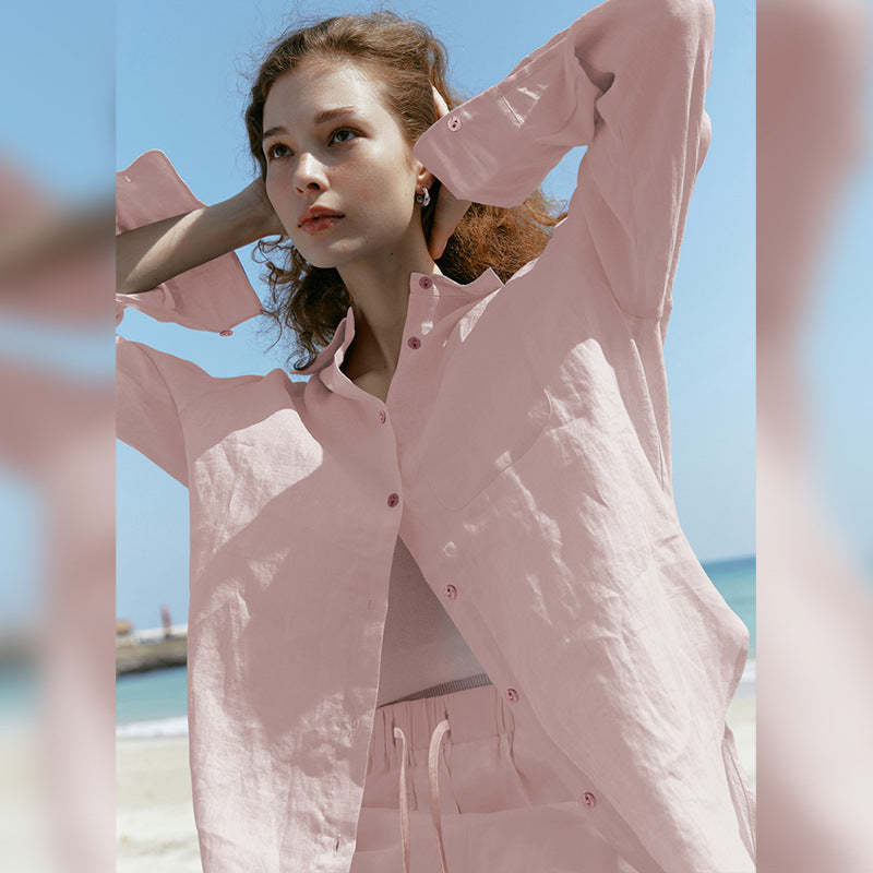 Elegant Tencel Linen Shirt Women Style Casual Sunscreen Cardigan Top Collar Single Breasted Long Sleeve Blouse