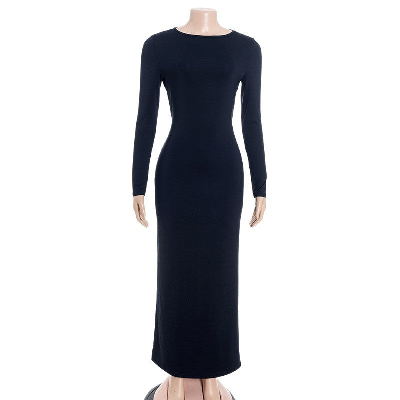 Chic Long Sleeve Solid Color High Back Pleated Sexy Bodycon Maxi Dress for Women