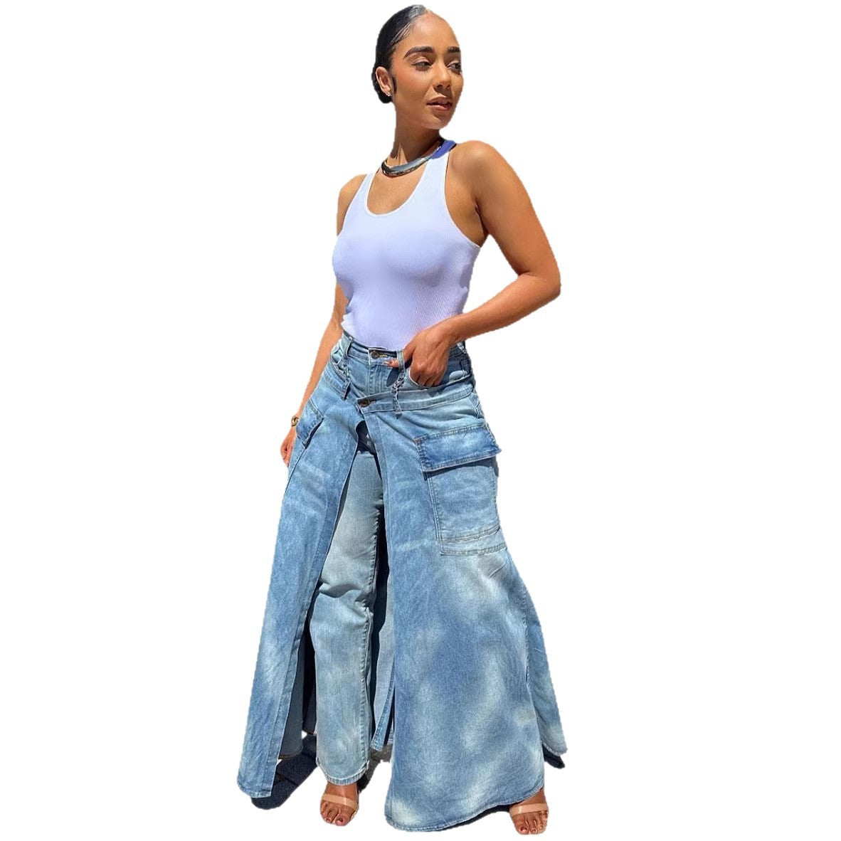 Women's faux two-piece denim pants skirt, street fashion symmetrical slit denim pants