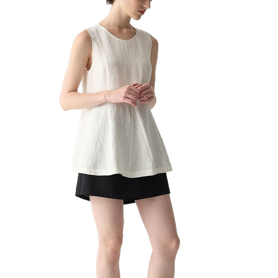 White Linen Blouse with Unique Patchwork Design Loose Sleeveless Top
