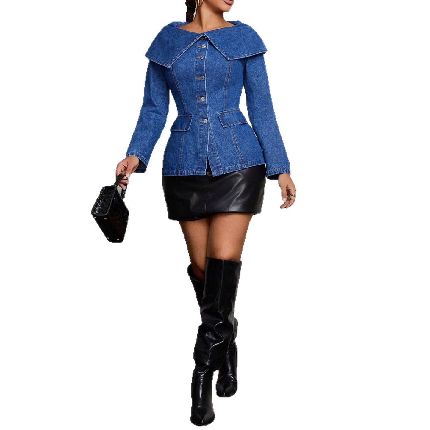 Street style oversized collar denim long sleeve versatile fashionable sexy personalized women's jacket trend