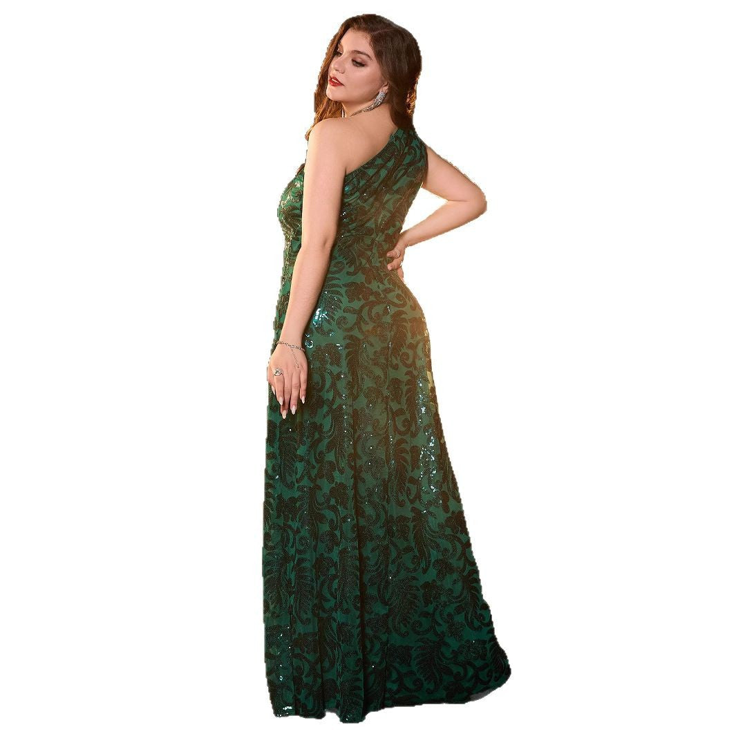 Elegant Long Sleeveless Dress with Asymmetric Neckline Glittery Evening Gown Plus Size Formal Dress