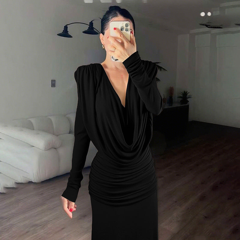 Backless swing collar slim fit pleated solid color long sleeved dress