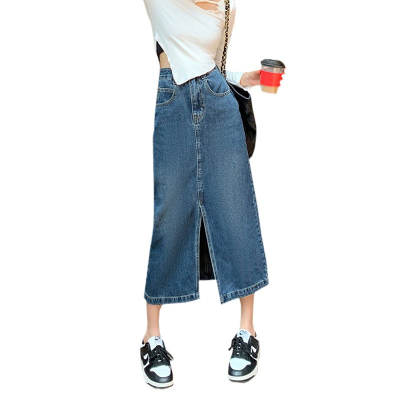 Half-sleeve High-Waisted Split A-Line Denim Skirt for Women, Vintage INS Style Slim-Fitting Mid-Length Bodycon Skirt