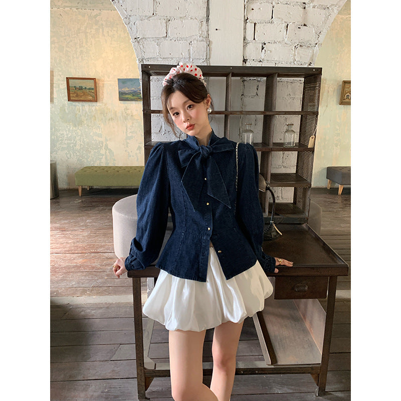 Bow tie denim shirt for women