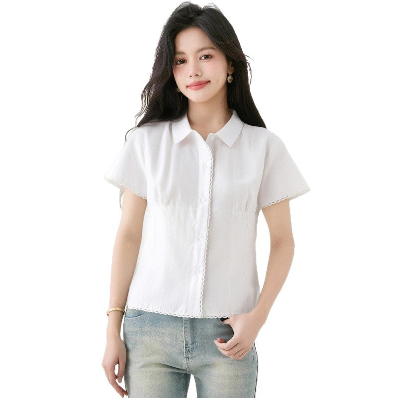 White Lace Short Sleeve Shirt for WomenPolo Collar, Fitted Blouse