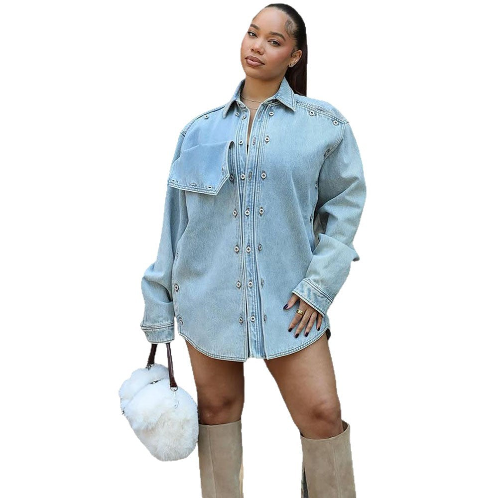 Western Women's Denim Jacket with Patch Design, Loose Fit Long Sleeve Outerwear