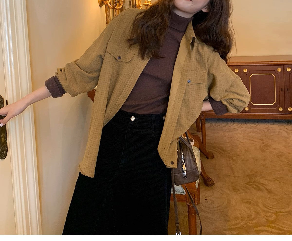 Vintage Plaid Long Sleeve Shirt for Women, Loose Fit, Slimming Design, Stylish Blouse