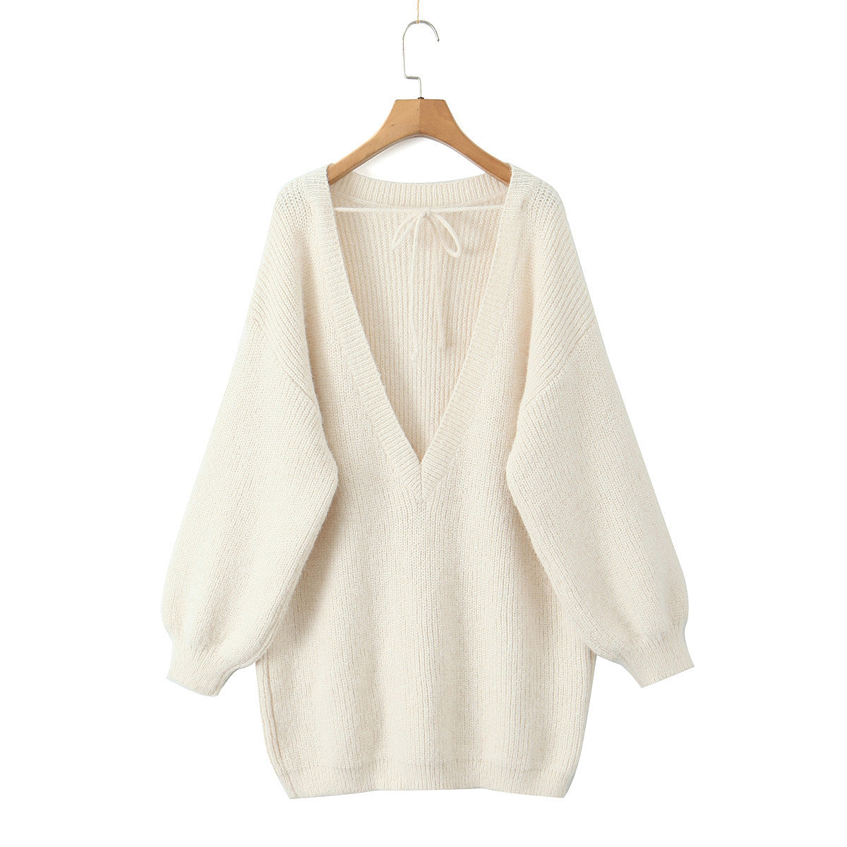 European and American oversized loose medium to long sweater for autumn and winter, V-neck large backless knitted sweater for women